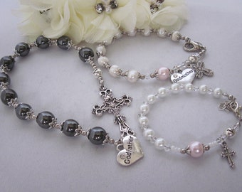 Godmother, Godfather and Goddaughter Rosary Bracelet Trio Hematite Chaplet Set Gift for Baptism, Godparents Gift, Will you be my Godparents?