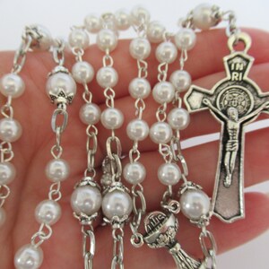 Classic White Glass Pearl First Communion, 5, Five Decade Rosary, Religious Gift, Catholic, Spiritual, Rosary, Prayer Beads