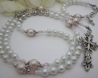 Girl White and Soft Pink Personalized Name Rosary, Bracelet Set for Baptism, Christening, Communion, Initial Rosary Bracelet, Godchild Gift