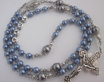 Blue and Silver Czech Glass Pearl Personalized Rosary, Male, Boy, Mens Baptism Communion Confirmation Christening Name Rosary, Rosary Beads