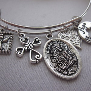Guardian Angel, Bangle Bracelet, Catholic, Medal Sentimental Bracelet, Birthstone, Personalized, Charms, Gift