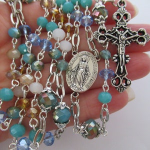 Multicolor Teal Golden Tan Faceted Glass Baptism Communion, 5, Five Decade Rosary, Religious Gift, Catholic, Spiritual, Rosary, Prayer Beads