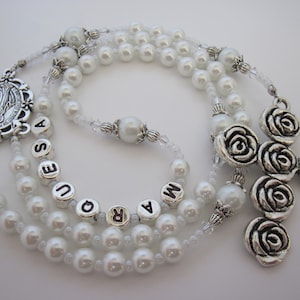 Baby Girls White Personalized Custom Name Rosary, Rosary Beads Swarovski Crystal Baptism Christening Communion Confirmation Goddaughter Gift