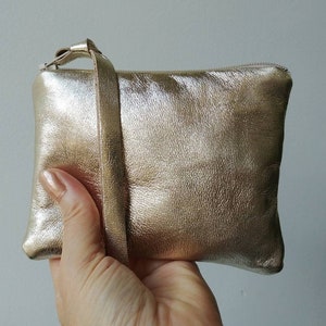 Buttery soft platinum metallic leather pouch in 4 sizes, pale gold lambskin, zipper coin purse, makeup bag, gift under 50