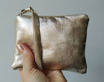 Buttery soft platinum leather pouch, coin purse, makeup bag, m in 4 sizes, champagne metallic lambskin, cosmetics case, zipper wallet, gifts