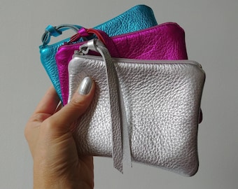 Metallic leather pouch in pink, turquoise, silver, 5 sizes, personalized makeup bag, coin purse, zipper wallet,card case, bling glitter glam