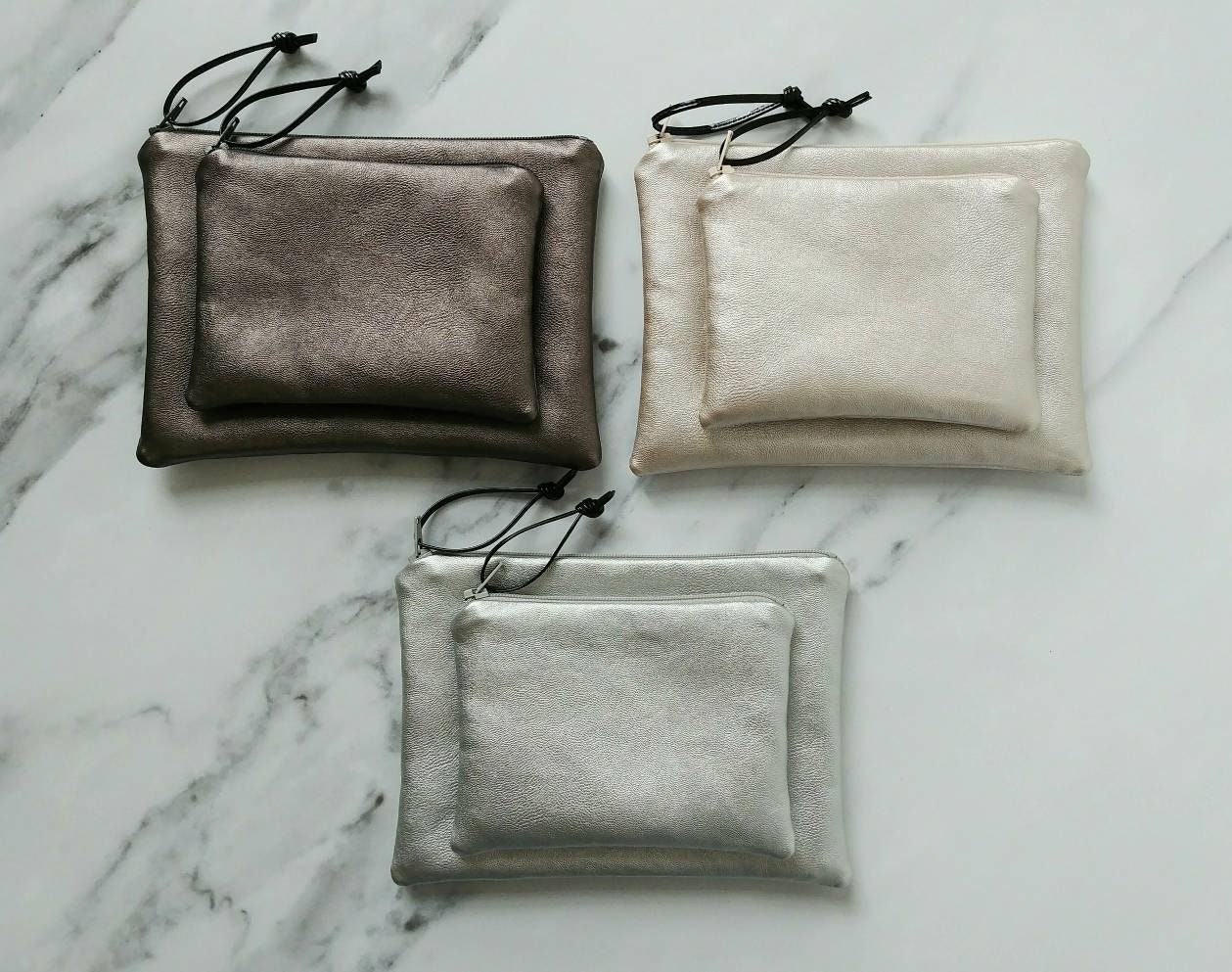Vegan leather pouches in small and medium in 3 colors - silver, champagne and pewter - makeup pouch purse coinpurse - faux leather bag