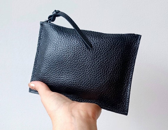 Large Leather Coin Purse Clutch - Black