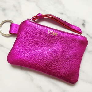 Hot pink metallic leather keychain wallet, turquoise, lime, card holder, fuchsia magenta, small mini pouch, teen, tween, gift under 50,