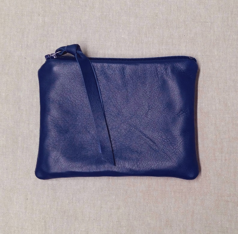 blue leather zipper pouch medium or small royal blue leather coin purse Buttery soft lambskin sapphire leather pouch pouches