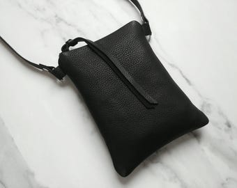 Leather Crossbody Phone Bag in black cow minimalist Zipper Pouch in small 5X7" or medium 6x8", dog walking, personalized, unisex, men, women