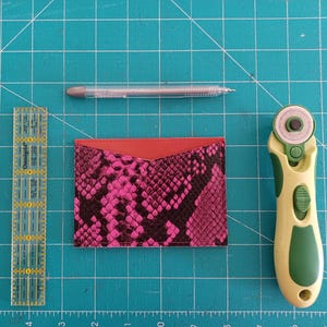Pink snake leather card case, money sleeve, minimalist wallet, business card holder, handmade gift, for women, magenta python print cow hide