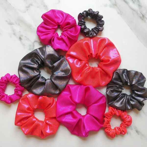 Metallic holographic scrunchies in pink, coral, and silver, in 3 sizes, holo spandex, strong, stretchy, swim, thick hair, glam, gift for her