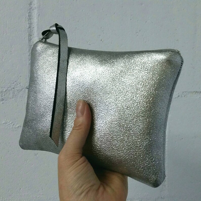 Bright silver leather zipper pouch size medium