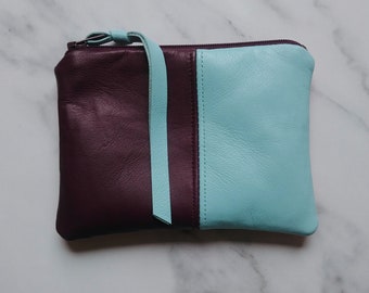 Soft leather pouch, 4"X5" in merlot, aqua, and orange, made from upcycled scraps, color block, coin purse, small, with zipper, wallet, lined