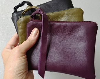 Porte-monnaie en cuir souple, pochette personnalisée en 5 tailles, merlot, olive ou noir, cuir d'agneau, porte-cartes, portefeuille à fermeture éclair, cadeau de fête des mères