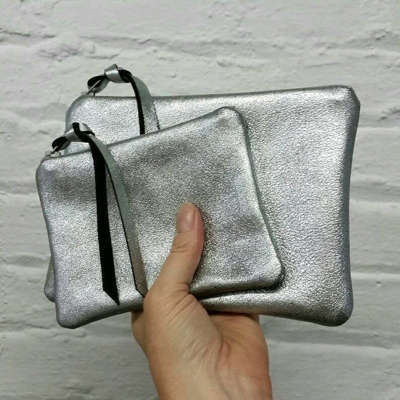Bright silver leather zipper pouch size medium