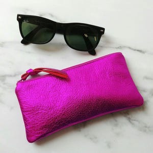 Fuchsia leather eyeglass case, hot pink metallic leather skinny pouch, silver, blue, rose gold, glam, travel accessories, gift for her