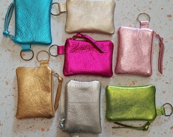 Metallic leather keychain wallet in 4 colors, in 2 sizes, personalized, mini pouch, key ring, coin purse, tween gift under 50