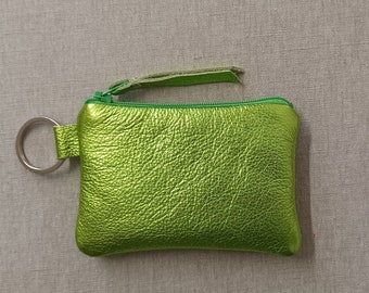 Lime green metallic leather keychain wallet + 2 more colors, card holder, coin purse, tween teen gift, under 50, handmade in NYC, mini purse