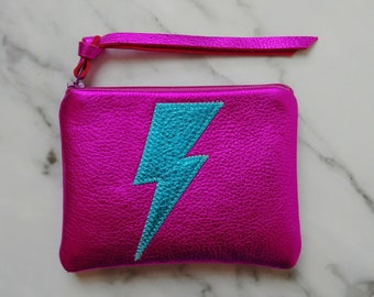 Neon hot pink metallic leather coin purse with lightning bolt, in 3 sizes, pouch, zipper wallet, makeup bag, card case, ziggy stardust, glam