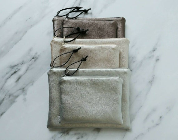 Vegan leather pouches in small and medium in 3 colors - silver, champagne and pewter - makeup pouch purse coinpurse - faux leather bag