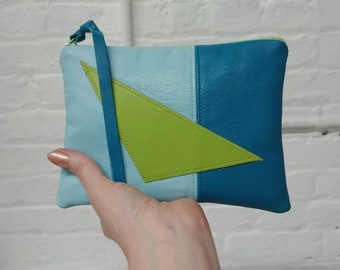 Soft leather pouch, 5.5"X7" in aqua, turquoise, lime green, upcycled scraps, minimal waste, patchwork, zipper wallet, 80s style, purse,