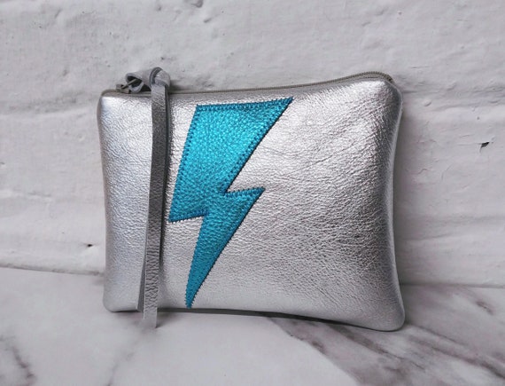 Silver leather pouch with turquoise lightning bolt, 5.5"X7" medium, coin purse, Bowie fan, Ziggy Stardust, glam bag, handmade, Gen X gifts