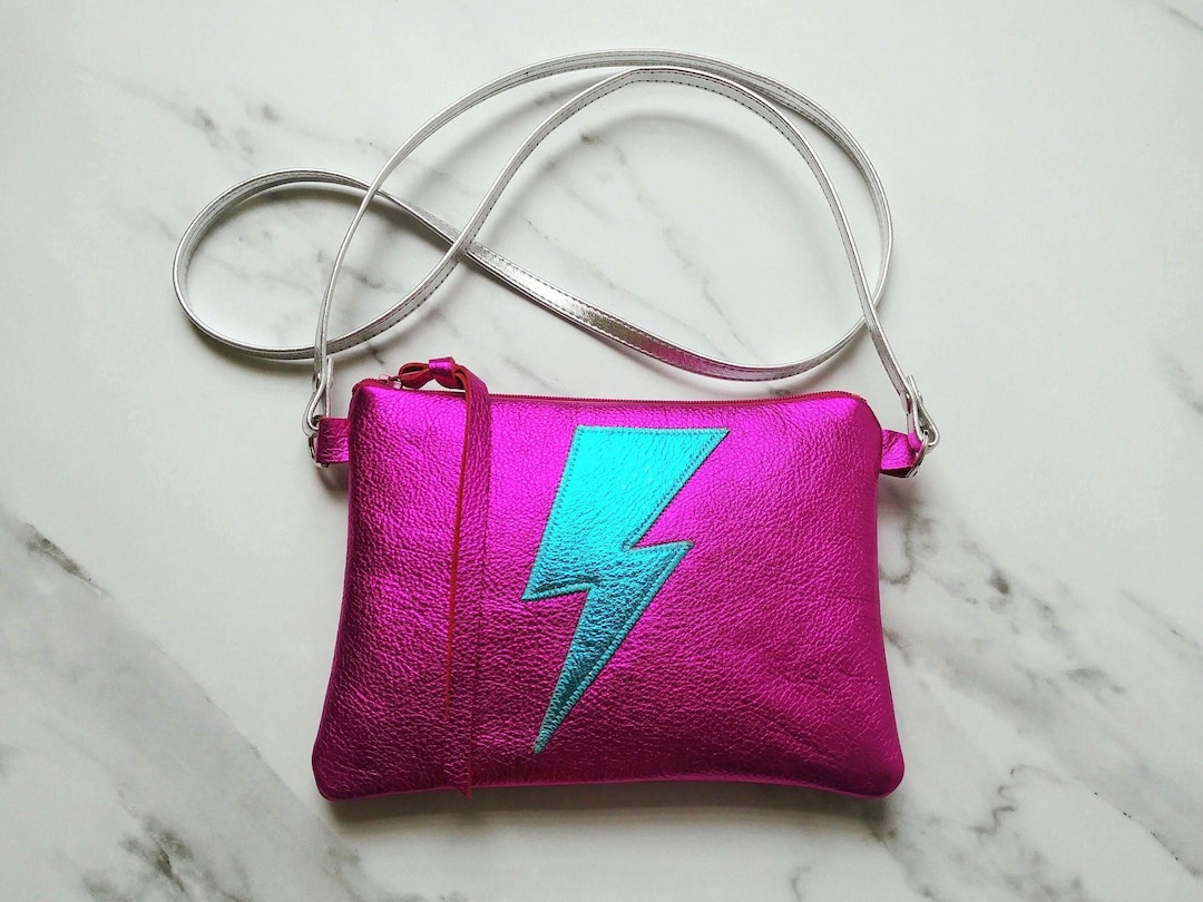 Pink Crossbody Metallic Leather Bag, Lightning Bolt, David Bowie