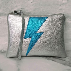 Srebrna skórzana saszetka z turkusową błyskawicą, 5,5"X7", średnia, portmonetka, fanka Bowiego, Ziggy Stardust, torebka na drobiazgi, ręcznie robiona, prezenty dla pokolenia X zdjęcie 2