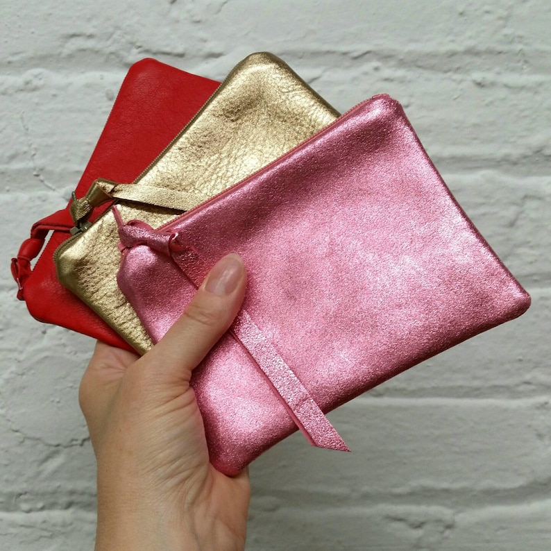 ready to ship Medium leather pouches in pink red and gold