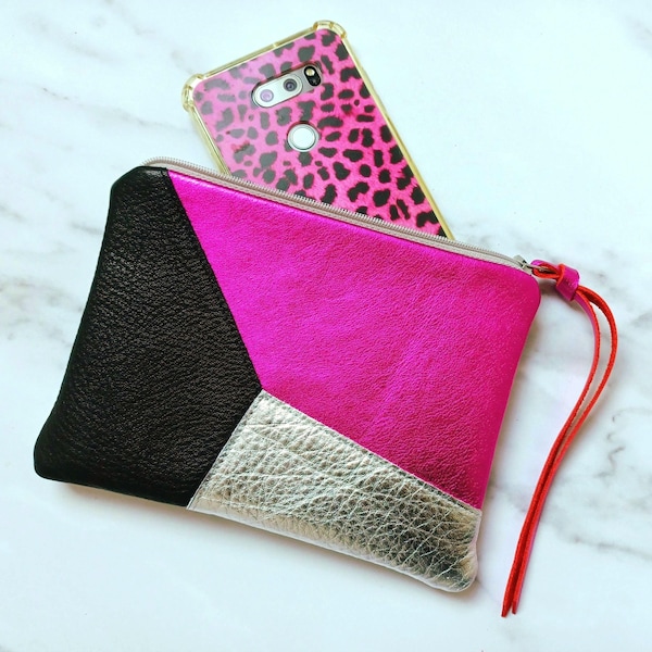 Metallic leather pouch 5.5X7 in pink, silver  black cow leather scraps, minimal waste, coin purse, zipper wallet, makeup bag, cosmetic case