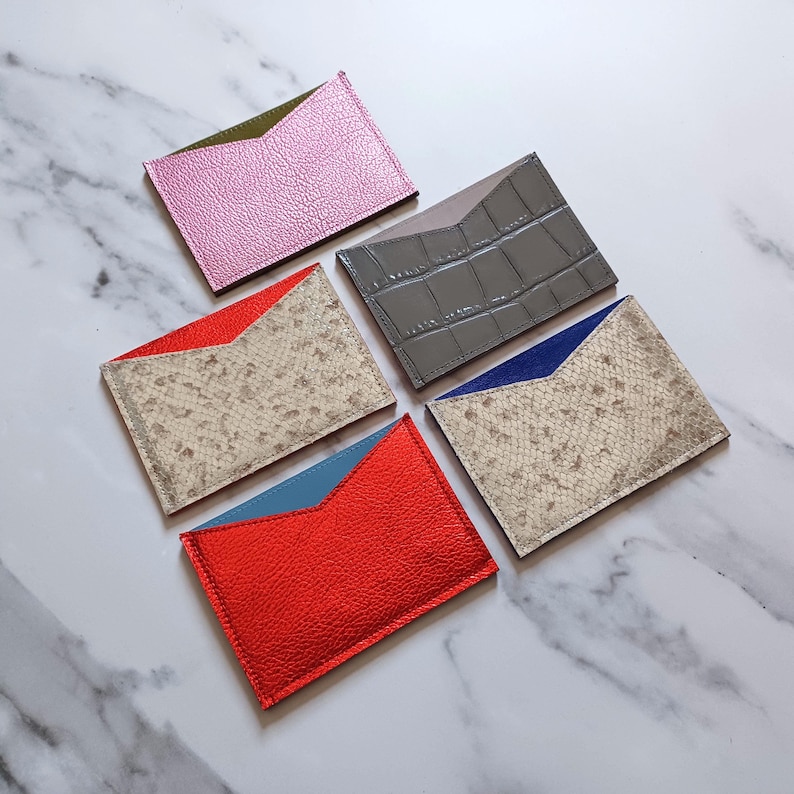 Leather card cases, business card holder, beige faux snake, metallic red, pink, gray croc, slim minimalist wallet, personalized, Handmade NY image 3