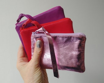 Buttery soft leather coin purse in metallic pink, red, magenta, personalized, nappa lambskin, zipper pouch, zip wallet, Mother's Day gift