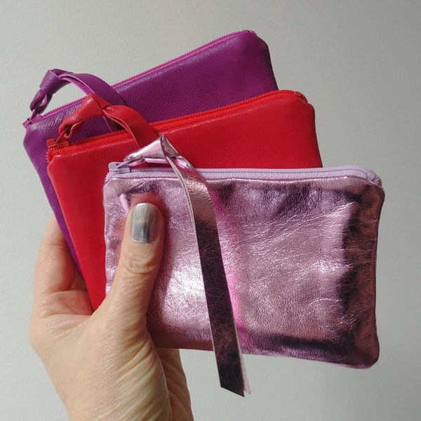 Buttery soft leather coin purse in metallic pink, red, magenta, personalized, nappa lambskin, zipper pouch, zip wallet, Mother's Day gift