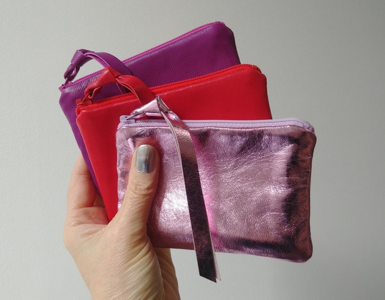 Buttery soft leather coin purse in metallic pink, red, magenta, personalized, nappa lambskin, zipper pouch, zip wallet, Mother's Day gift image 1