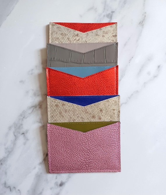 Leather card cases, business card holder, beige faux snake, metallic red, pink, gray croc, slim minimalist wallet, personalized, Handmade NY