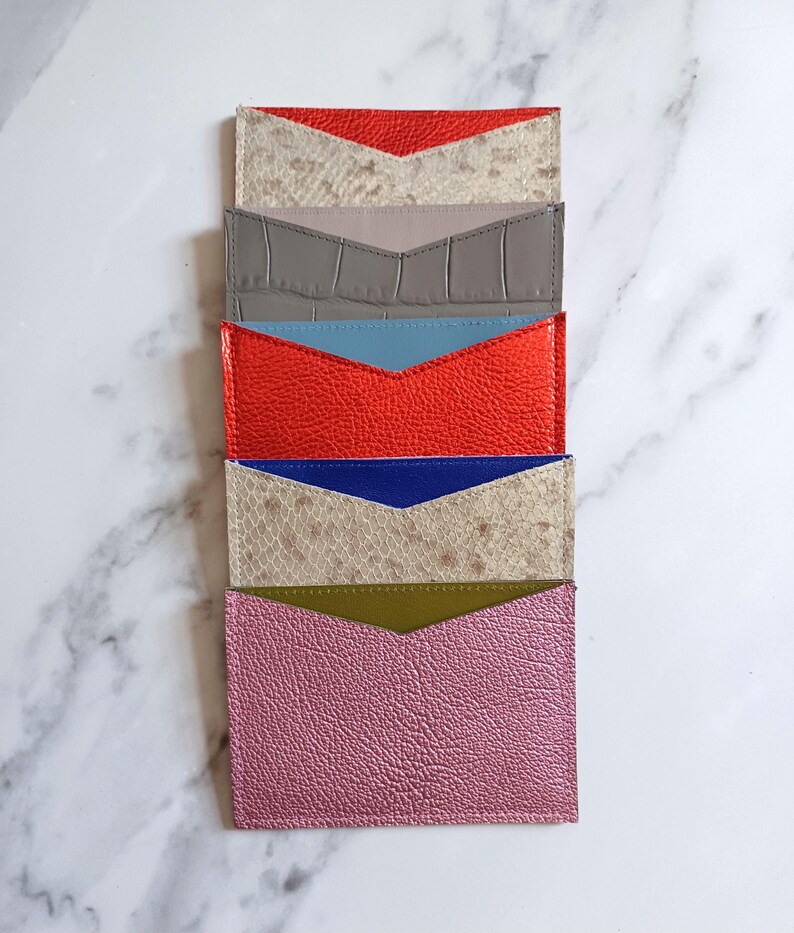 Leather card cases, business card holder, beige faux snake, metallic red, pink, gray croc, slim minimalist wallet, personalized, Handmade NY image 1