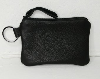 Leather keychain wallet in black + other colors, lined, card holder, key ring, coin purse, tween, teen gift, gift under 50