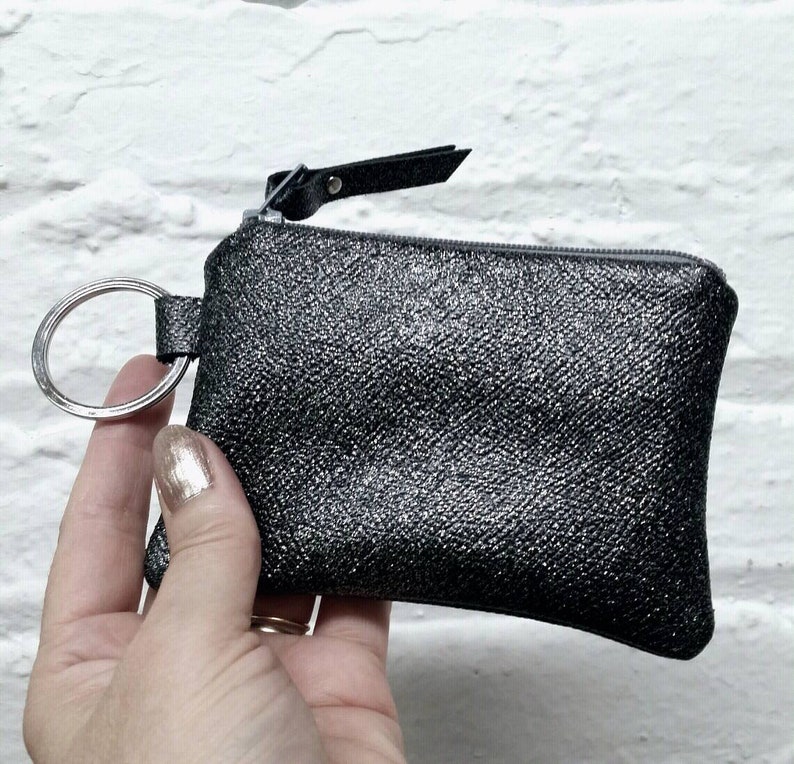 Key ring mini zip pouch in gunmetal sparkly calfskin leather Etsy