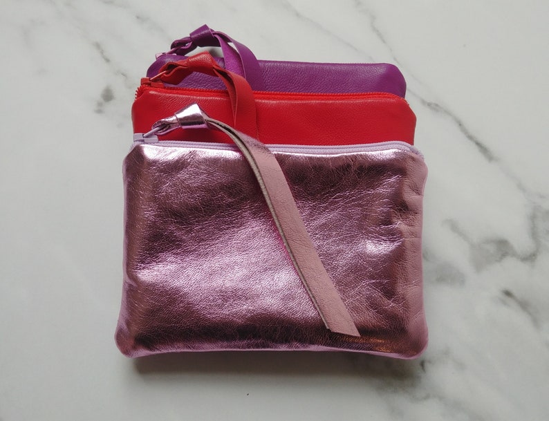 Buttery soft leather coin purse in metallic pink, red, magenta, personalized, nappa lambskin, zipper pouch, zip wallet, Mother's Day gift image 5