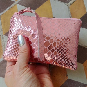 Bolsa de serpiente metálica, monedero de cuero rosa con cremallera, estuche para gafas, tarjetero, billetera con cremallera, funda para teléfono, tamaño mini de bolsillo, regalo para ella