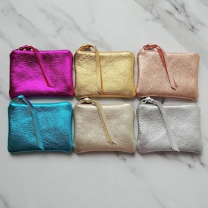 Metallic leather pouch in 7 colors, 5 sizes, personalized, coin purse, clutch, makeup bag, hot pink, luxurious gift for her