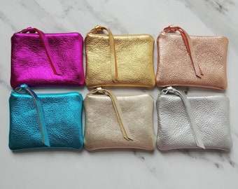 Metallic leather pouch in 7 colors, 5 sizes, personalized, coin purse, clutch, makeup bag, hot pink, luxurious gift for her