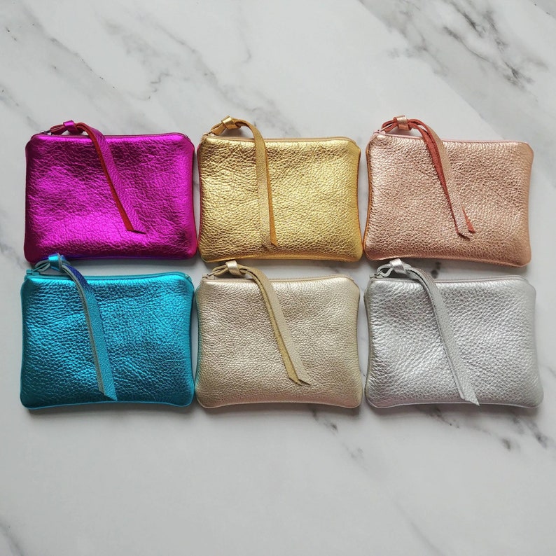 Metallic leather pouches, in asst. sizes/colors, personalized, coin purse, zipper wallet, clutch, card holder, bright, glam, gift for her image 2