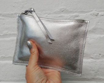 Silver metallic leather coin purse 4"X6", personalized, or fuchsia, rose gold, raw edge pouch, zipper wallet, handmade gifts, for her