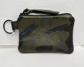 Leather keychain wallet in camo, + more colors, card holder, key ring coin purse, minimalist, tween gift, gift under 50