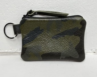 Leather keychain purse in camo, + more colors, card holder, key ring coin purse, minimalist wallet, tween gift, gift under 50