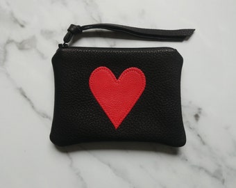 Black/red leather heart pouch 4"X5", silver/fuchsia, appliqued, zipper wallet, coin purse, card holder, Valentine's gift, under 50