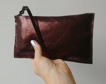 Slim bronze metallic cow leather pouch, 8"X4.5", raw edged, minimalist style, coin purse, zipper wallet, gift for her, holidays colors